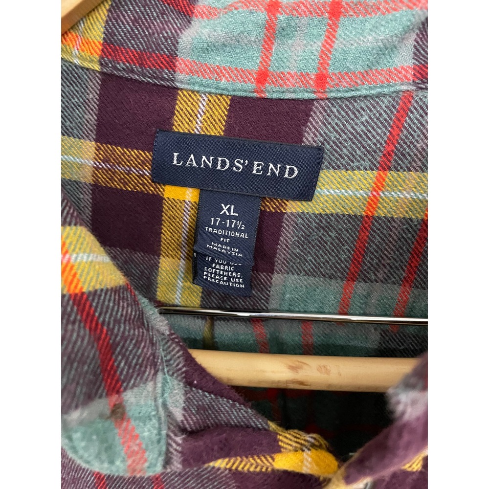 Lands End Mens XL Flannel Shirt Plaid Teal Burgundy Traditional Fit Cotton - Picture 2 of 7